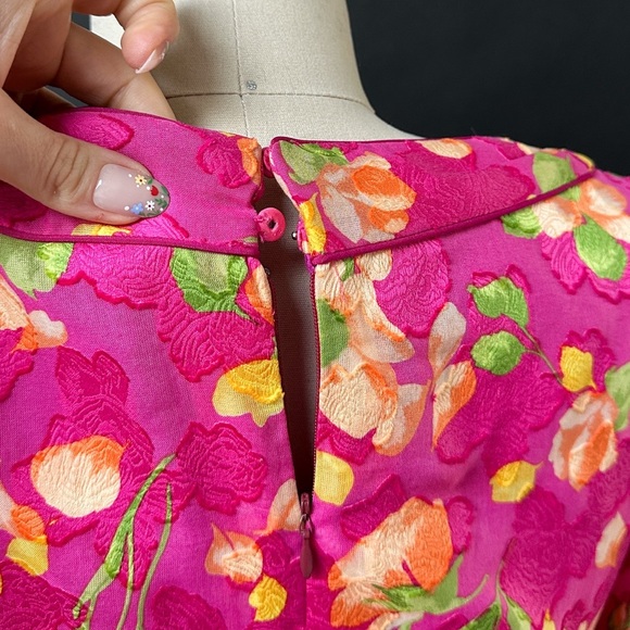 Vintage Lihli at Saks Fifth Avenue Pink Silk Floral Boat Neck Cocktail Dress 8 - Picture 8 of 11